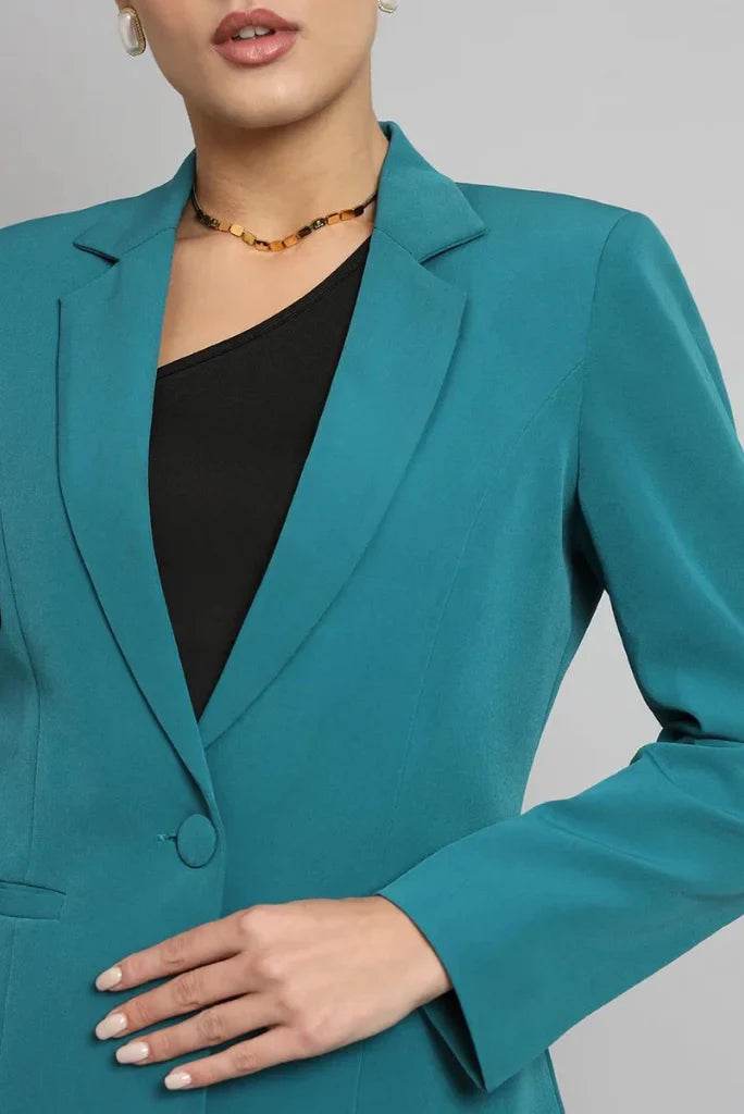 Women Teal Blue Single Breasted Notched Lapel Blazer, Casual Long Sleeve Blazer for Her