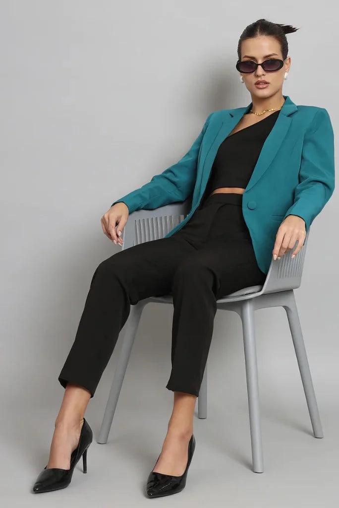 Women Teal Blue Single Breasted Notched Lapel Blazer, Casual Long Sleeve Blazer for Her