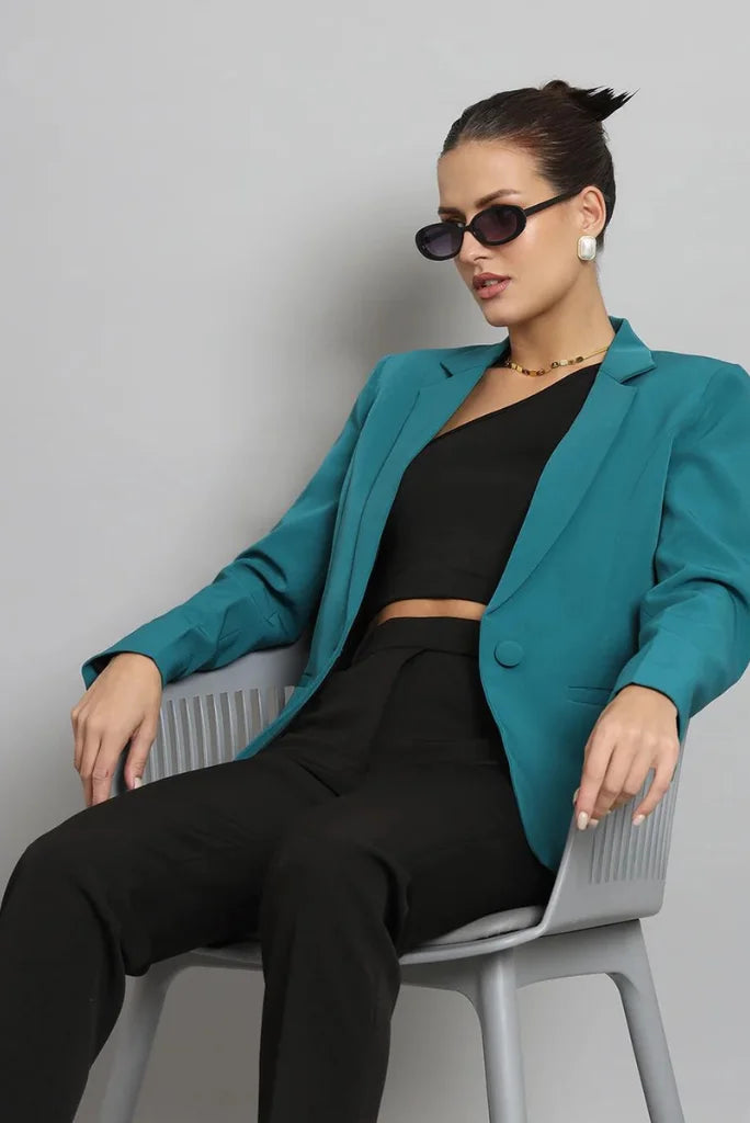 Women Teal Blue Single Breasted Notched Lapel Blazer, Casual Long Sleeve Blazer for Her