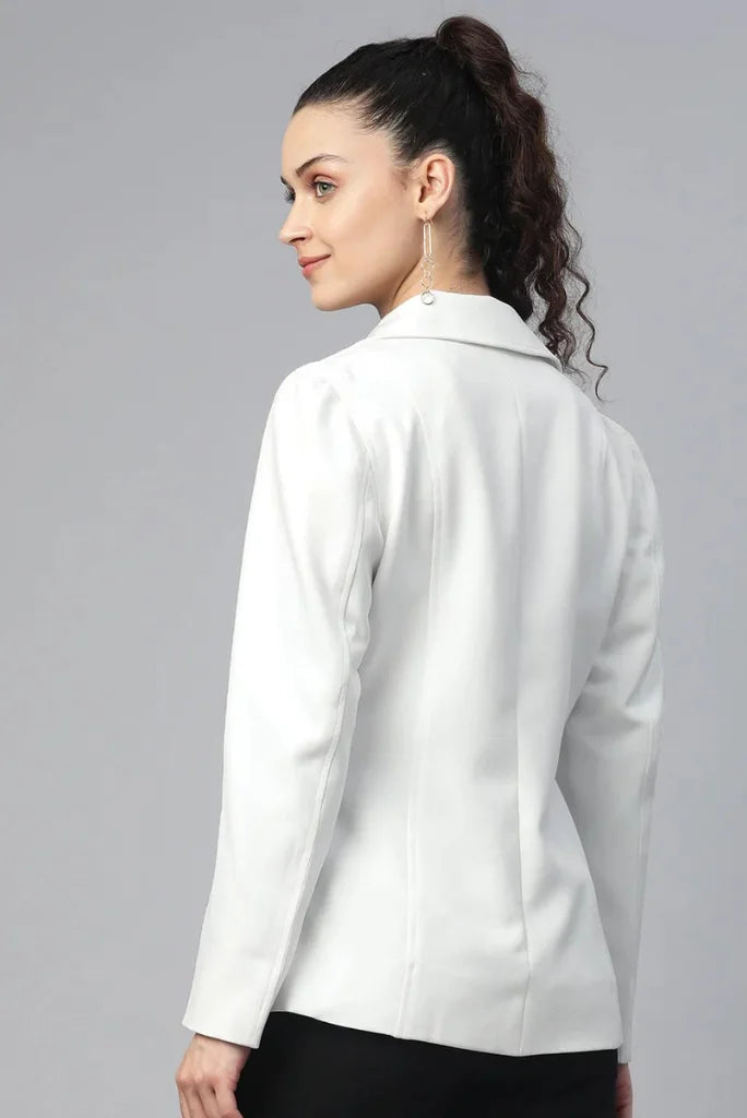 Women White Single Breasted Notched Lapel Blazer, Casual Long Sleeve Blazer for Her