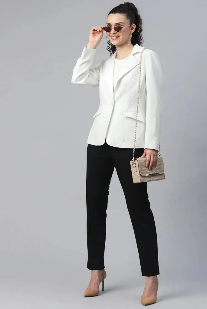 Women White Single Breasted Notched Lapel Blazer, Casual Long Sleeve Blazer for Her