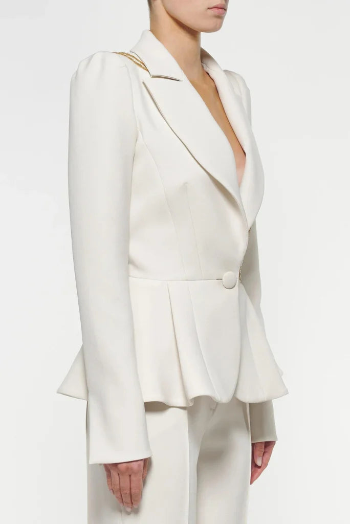 Designer White Embroidery Blazer Suit For Women, Peplum Styled blazer and Fit Flare Pant for Christmas and Bridesmaid