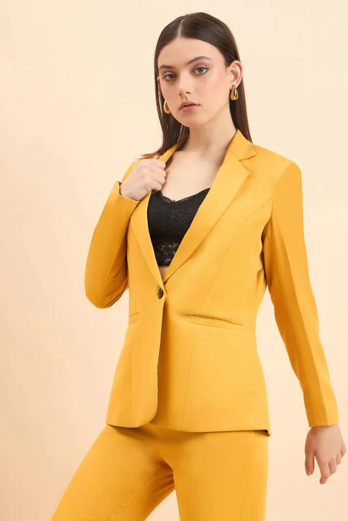Women Yellow Notched Lapel Blazer Pant Suit, Casual Long Sleeve Solid 2 Piece Suit