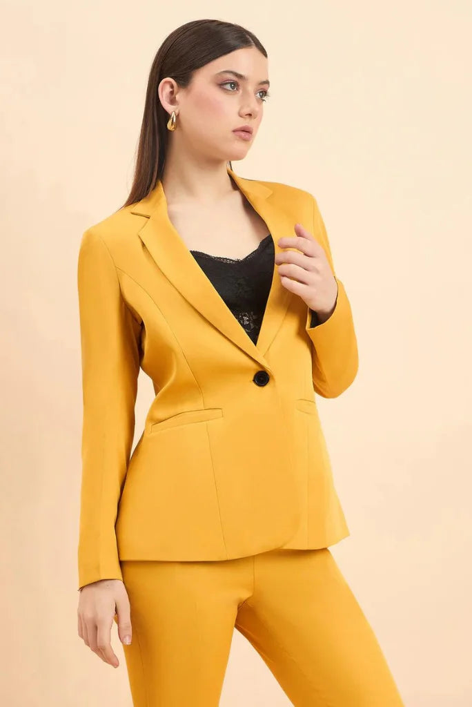 Women Yellow Notched Lapel Blazer Pant Suit, Casual Long Sleeve Solid 2 Piece Suit