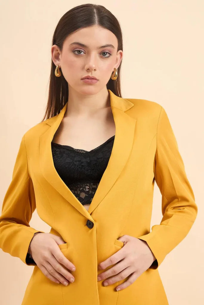 Women Yellow Notched Lapel Blazer Pant Suit, Casual Long Sleeve Solid 2 Piece Suit