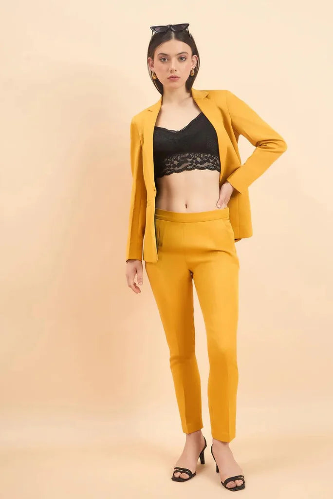 Women Yellow Notched Lapel Blazer Pant Suit, Casual Long Sleeve Solid 2 Piece Suit