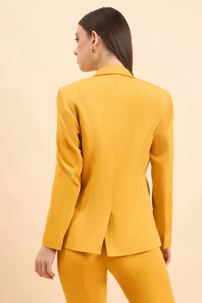 Women Yellow Notched Lapel Blazer Pant Suit, Casual Long Sleeve Solid 2 Piece Suit