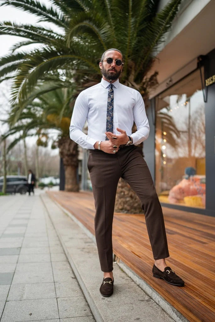 The Classic White Shirt & Dark Brown Trouser a Decent Looking For Office Wear Formal Party Wear