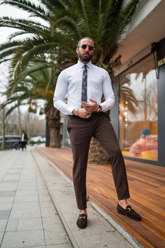 The Classic White Shirt & Dark Brown Trouser a Decent Looking For Office Wear Formal Party Wear