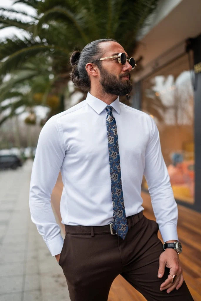 The Classic White Shirt & Dark Brown Trouser a Decent Looking For Office Wear Formal Party Wear